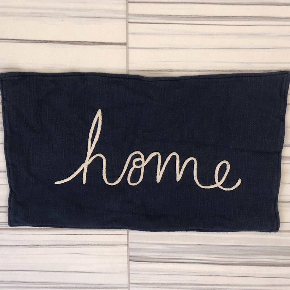 Pottery Barn Navy Lumbar Pillow Cover with “Home” in white 16x26